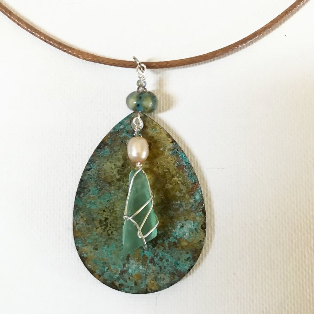 Lure Teal Sea Glass Pearl Necklace Ocean Boho Mermaid Sailing Boat Turquoise